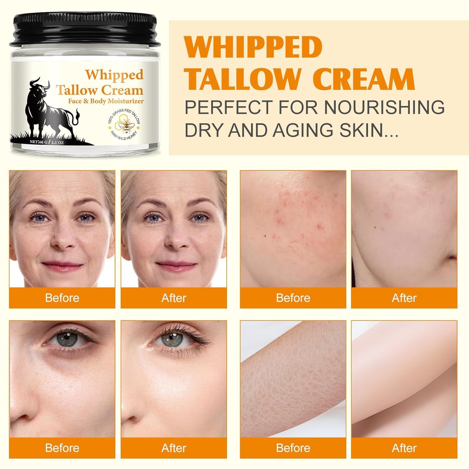 Beef Tallow Skincare, Rindertalg Honig Balsam,Natürliche Talg & Honig Rindertalg Creme, Beef Tallow Bio, Tallow Creme Für Feuchtigkeitsspendend & Anti-Ageing, Tallow Balm Für Gesicht & Körper (60G)