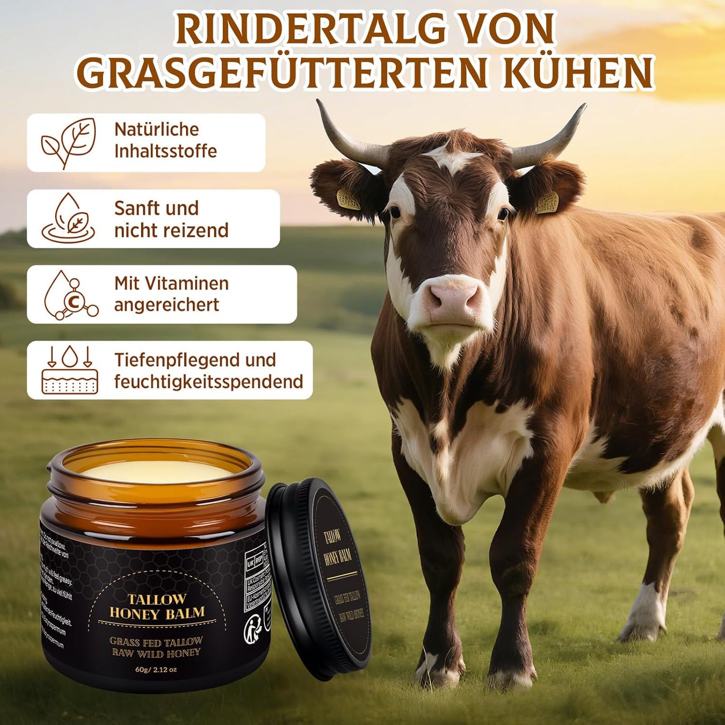 Beef Tallow Creme, Rindertalg Creme, Tiefe Hydratation & Feuchtigkeitscreme, Gefütterter Rindertalg Und Honigbalsam Für Empfindliche, Trockene Haut, Beef Tallow Honey Balm 60G