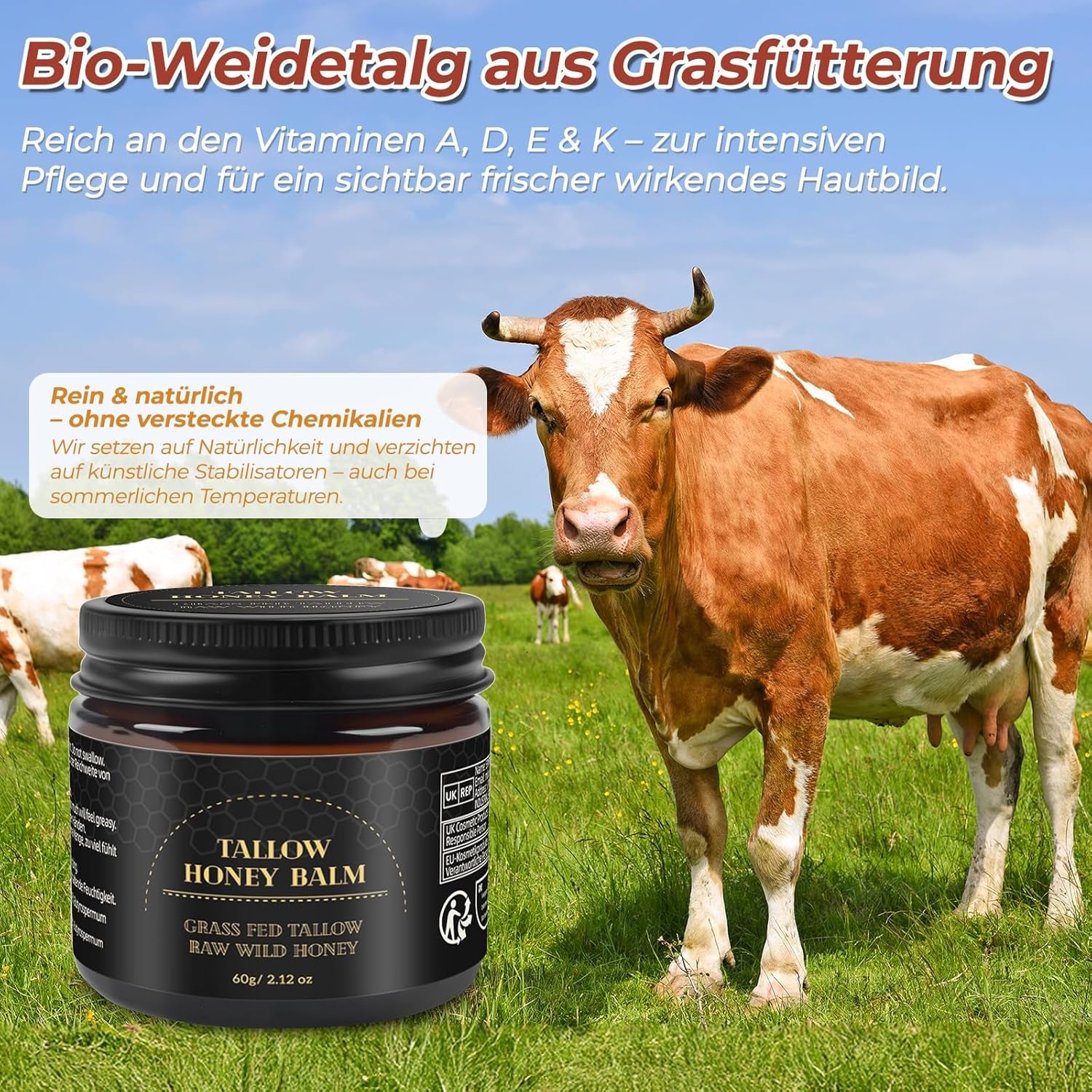 Beef Tallow Creme 60G, 100% Rindertalg Für Hautpflege, Rindertalg Und Honigbalsam, Talg-Gesichtscreme, Bio-Grasgefütterter Aufgeschlagener Talgbalsam, Bodycremes, Tiefenhydration Für Gesicht & Körper
