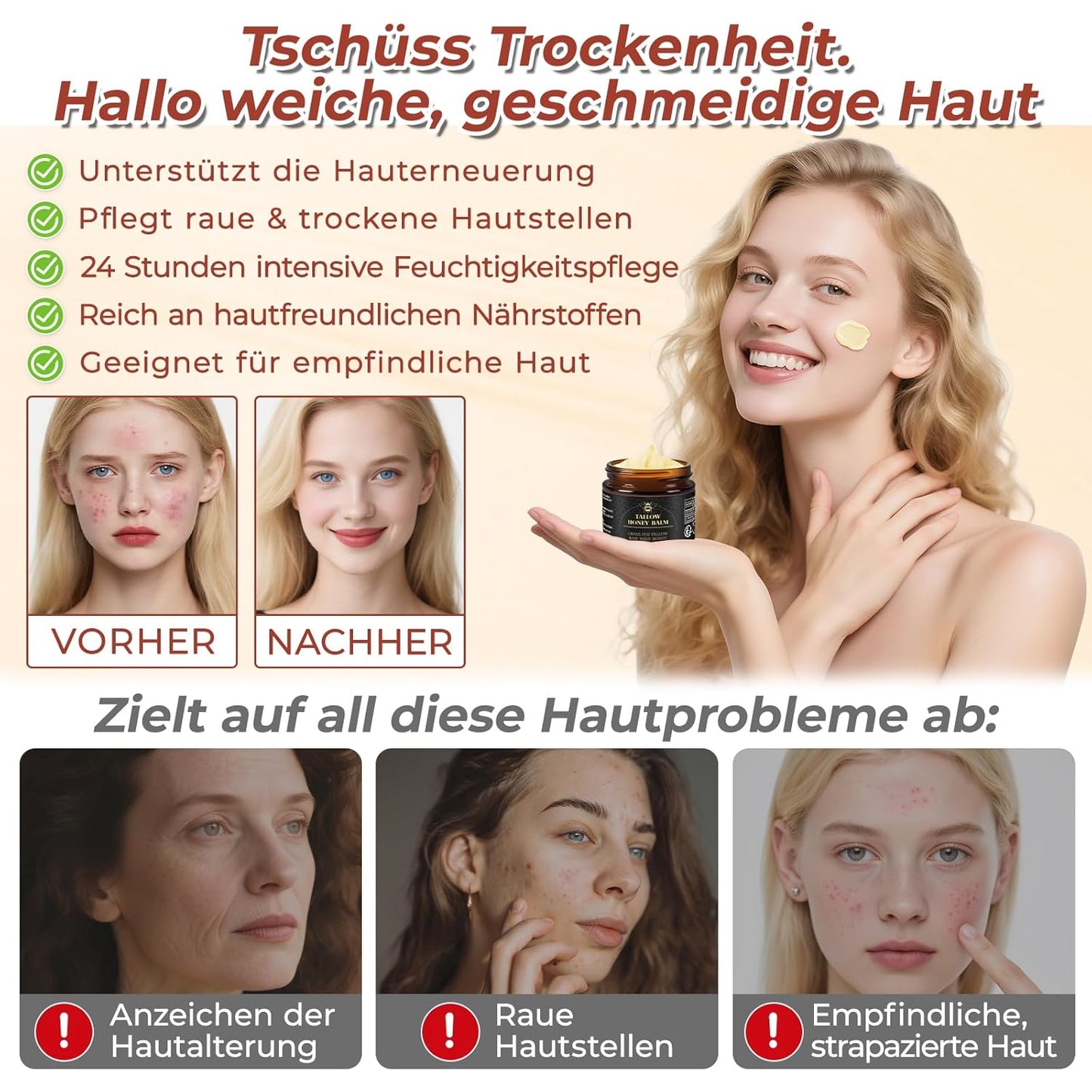 Beef Tallow Creme 60G, 100% Rindertalg Für Hautpflege, Rindertalg Und Honigbalsam, Talg-Gesichtscreme, Bio-Grasgefütterter Aufgeschlagener Talgbalsam, Bodycremes, Tiefenhydration Für Gesicht & Körper