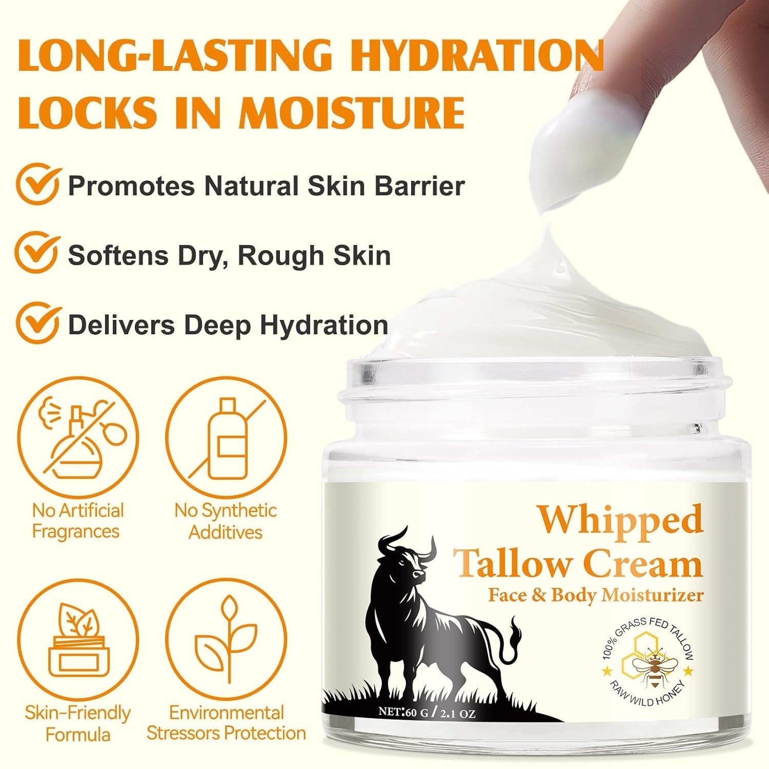 Beef Tallow Skincare, Rindertalg Honig Balsam,Natürliche Talg & Honig Rindertalg Creme, Beef Tallow Bio, Tallow Creme Für Feuchtigkeitsspendend & Anti-Ageing, Tallow Balm Für Gesicht & Körper (60G)